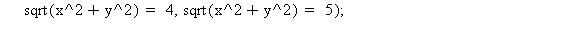 smartplot(sqrt(x^2+y^2) = 1, sqrt(x^2+y^2) = 2, sqrt(x^2+y^2) = 3, sqrt(x^2+y^2) = 4, sqrt(x^2+y^2) = 5); 1