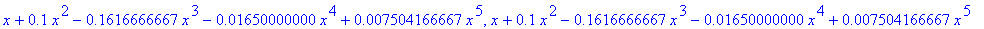 p := 0, x, x+.1*x^2, x+.1*x^2-.1616666667*x^3, x+.1*x^2-.1616666667*x^3-.1650000000e-1*x^4, x+.1*x^2-.1616666667*x^3-.1650000000e-1*x^4+.7504166667e-2*x^5, x+.1*x^2-.1616666667*x^3-.1650000000e-1*x^4+....